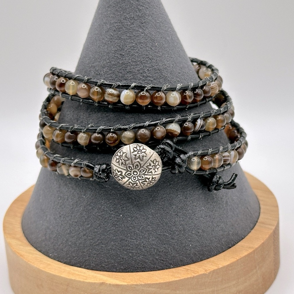 Novica brown jasper agate and black leather wrap bracelet - ~21.5” long